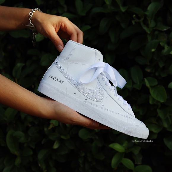 Wedding Sneakers for Bride Personalized Nike Blaze Mid with Rhinestones & Pearls - Picture 8 of 9